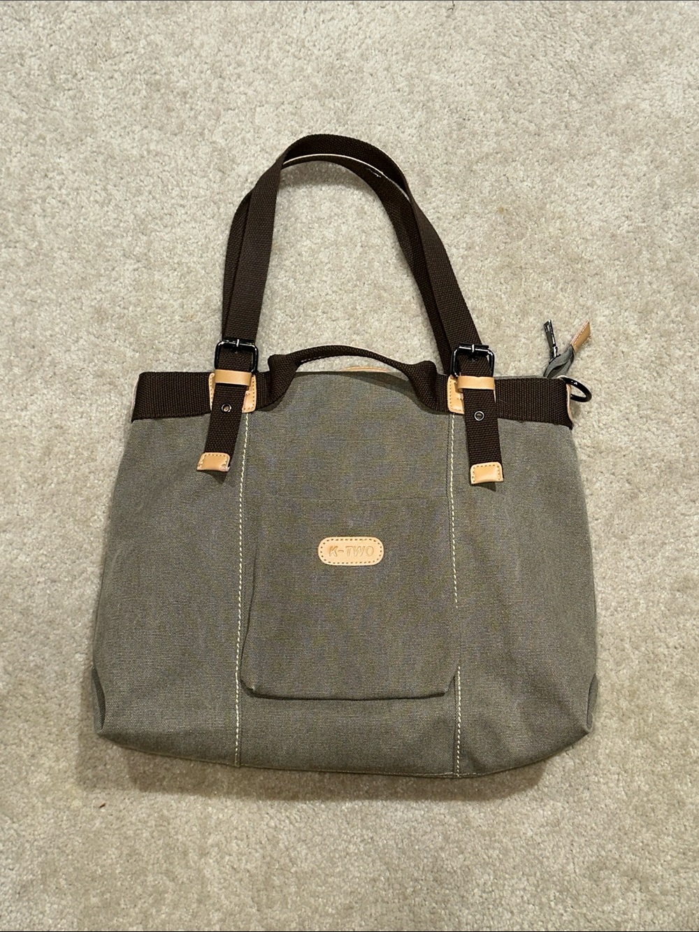 K-Two Olive Canvas Tote with Dark Brown Straps